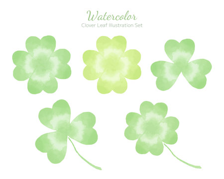 Illustration set of green clover painted by watercolorのイラスト素材
