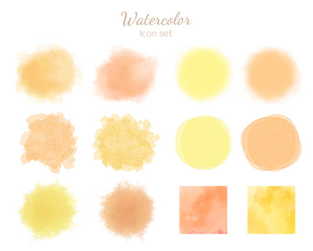 Set of orange icons painted in watercolor on a white backgroundのイラスト素材