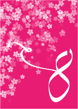 Women day background with silk ribbon and 8 match made of pink paper hearts. Greeting card for women or mother's day. Vector illustrationのイラスト素材