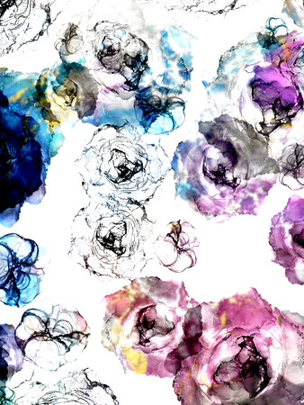 watercolor flowers. Magenta Rose Flower. Drops watercolor blur. Colorful spilled. Rose color, White Drops. Delicate Flowers Divorces. Alcohol Ink Stains. watercolor roses.の写真素材