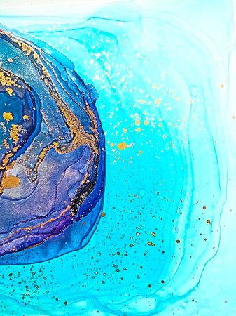 Alcohol background. Water Ocean color, White and Gold Pigment. Alcohol Ink Streaks. Aquamarine Pigment Aquarelle drawn. Ocean Water Blur. Ink spilled. colorful texture.の写真素材