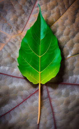 Green leaf on a brown leaf background, closeup of the leafの素材