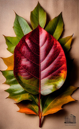 Close up of colorful autumn leaf on canvas background. autumn concept.の素材