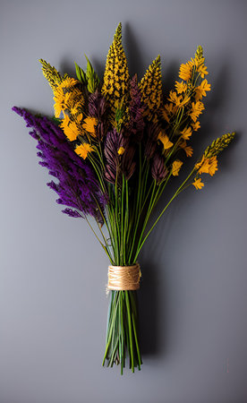 Bouquet of wildflowers on gray background, top viewの素材