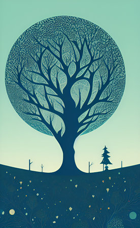 Illustration of a stylized tree in the middle of the forestの素材