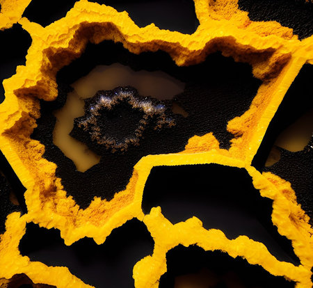 Fractal 3D illustration of orange and yellow on black backgroundの素材