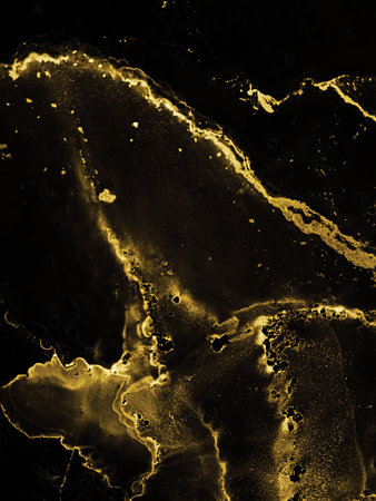 Gold Spray on Black. pastel paint. Wave Ink Paint. Spray Golden Spot. Fantastic Wallpaper. Splash Gouache Blur. Black Alcohol Ink Art.の写真素材