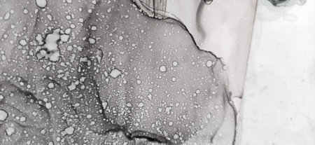 Alcohol Illustration. Gray and Delicate Splatter. Sky clouds Morbilli. Contrast Grayscale Ink Blot....