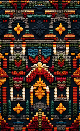 Ethnic Pattern. Thematic rhinestones Mouline. Mexican Relief. Native Woven Tapestry. Volume Pattern. Gold print Gypsy Mat.の素材