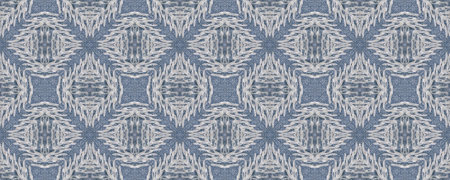 Stitch Embroidery Ethnic ornament. Delicate Blue and White. Seamless Macrame on Denim Background....