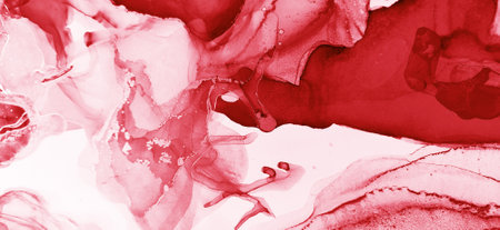 Alcohol Abstract Fog. Crimson and Contrast Stains. Red Stains. Fluid splatter. Smoke Spots Aquarelle drawn. Alcohol Ink Divorce. Contrast Smoke Alcohol Ink Art.の写真素材