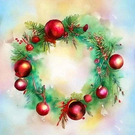Christmas wreath with red baubles. Watercolor illustration.の写真素材
