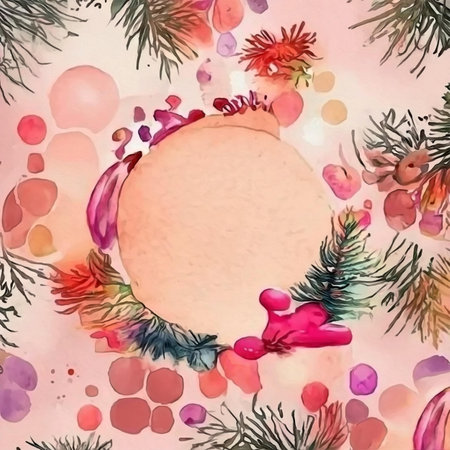 Watercolor Christmas background with a round frame and fir branches. Hand-drawn illustration.の写真素材