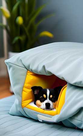 Cute Chihuahua puppy peeking out from under the pillowの素材
