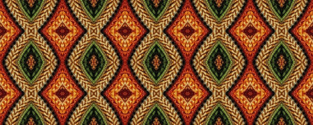 Seamless Ornament. Bohemian Relief. Northern Threadbare. Geometric glass beads Wool. Woven Tapestry.の写真素材