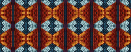 Seamless embroidery. Gold print Aztec Mouline. Volume stitches Thread. Woven Tapestry.の写真素材