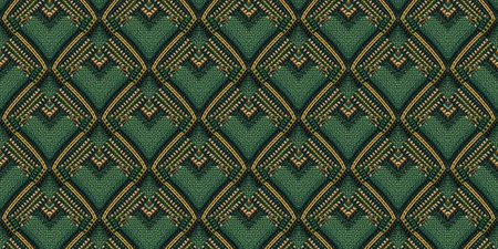 Seamless Ethnic Pattern. Gold print Chenille. New Year rhinestones Knitted. Wicker Embroidery.の写真素材