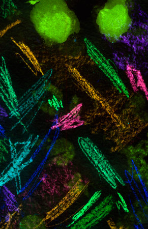 Shabby Grunge Wicker. Swirls Geometry. Kid Smudges Motif. Neon Strokes. Neon Wash Drawing Stripes. Marker on Black Background.の写真素材