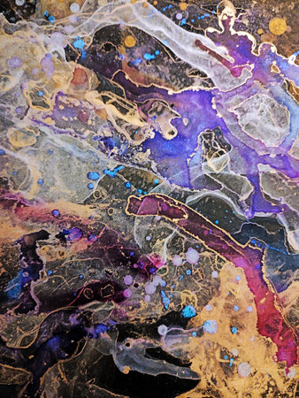 Star Background. Blended Paint. Elegant Alcohol Ink Blur. Alcohol Ink Lines. Golden Fluid on Black. Planets Aquarelle paint. Modern Background.の写真素材