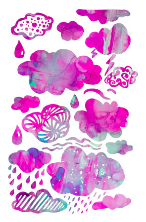 Watercolor Clouds. Alcohol Ink Spots. Weather symbols. Watercolor Clouds Set. Colorful Cloudy. Delicate Cloud Splash.の写真素材