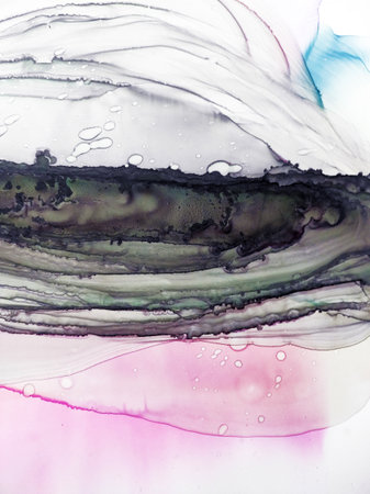 Fluid art Watercolor. Alcohol Ink Green Divorce. Motley Light Spot. Rainbow Fluid Bright print. Peach Bright. Blue Abstract.の写真素材