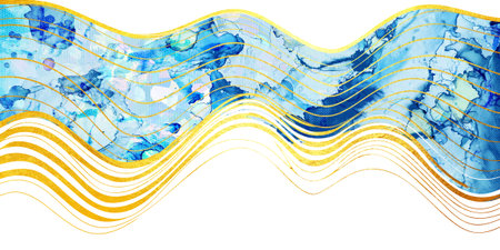 Sea Abstract Background. Lines, Microlines. Aquamarine Pigment Aquarelle paint. Sky color, White Spots. Seaweed. Sky clouds Strips. Abstract Waves.の写真素材