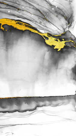 Grayscale Texture. Light and Delicate Pigment. Gold and Grayscale Ink Pigment. Smoke Spray Ink drawn. Alcohol Ink Spots. Pale Abstract.の写真素材