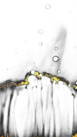 Grayscale Texture. Gray and Light Splatter. Gray Water Smearing. Gold and Grayscale Ink Pigment. Smoke Stains Wash Drawing. Alcohol Ink Spots. Pale Abstract.の写真素材