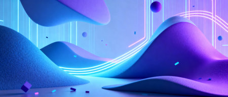 3d render, abstract background, geometric shapes, blue and purple neon lightの写真素材
