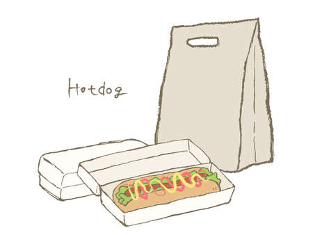 It is an illustration of the paper bag and the hot dog of the take-out.のイラスト素材