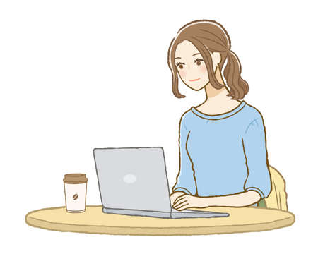 illustration of woman working on laptop with coffee on the sideのイラスト素材