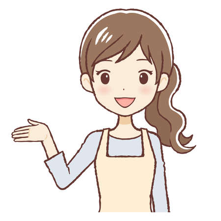 The lady who put on an apron. She's raising her hands and is showing the way. The upper part of body.のイラスト素材