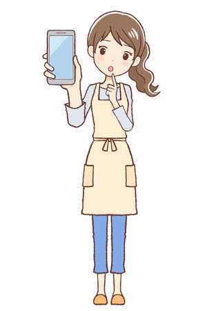The lady who put on an apron with a cellular phone. Considered pose.のイラスト素材