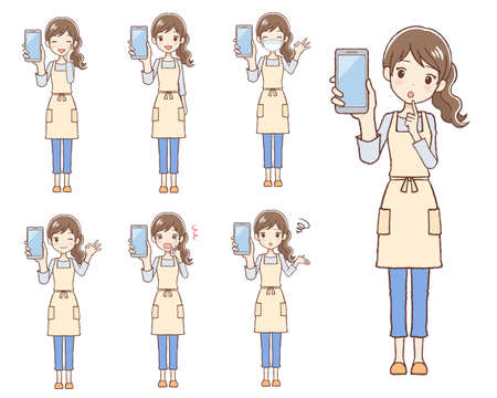 The lady who puts on an apron. She's posing variously with a cellular phone.のイラスト素材