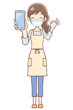 The lady who put on an apron. A mask is worn. The pose which is Good with a cellular phone.のイラスト素材