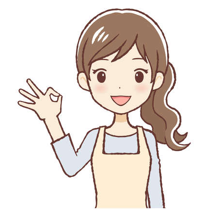 The lady who put on an apron. She's saying "OK". The upper part of body.のイラスト素材