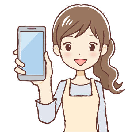 The lady who put on an apron with a cellular phone.
Smiling face. The upper part of body.のイラスト素材