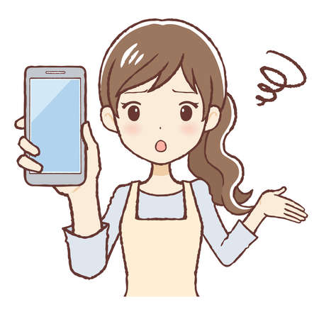 The woman who sees a cellular phone and is in trouble. She wears an apron. The upper part of body.のイラスト素材