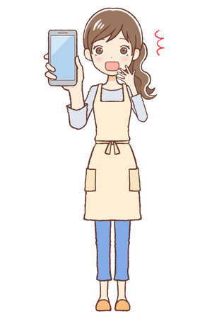 The lady who put on an apron. She's surprised to see a cellular phone. The upper part of body.のイラスト素材