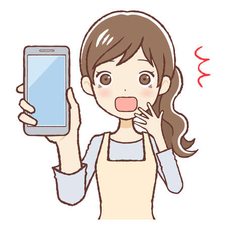 The lady who put on an apron. She's surprised to see a cellular phone. The upper part of body.のイラスト素材