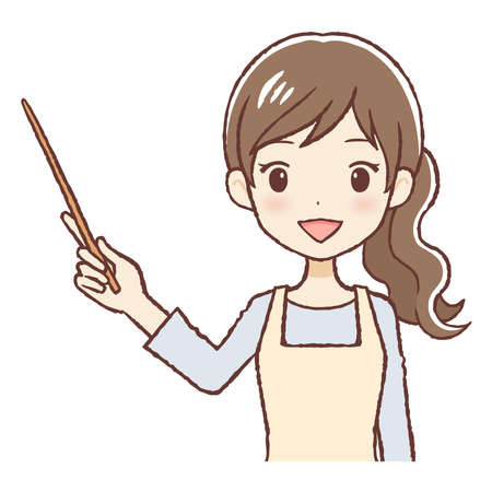 The lady who put on an apron. I'm pointing and am explaining using a stick. The upper part of body.のイラスト素材