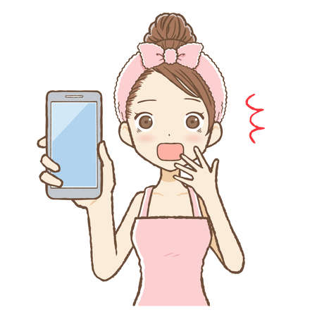 The lady who put on a room wear has smart phone. She's surprised.Upper bodyのイラスト素材