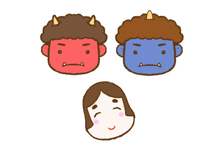 It is an illustration of Setsudetsu.
It is a red demon, a blue demon, and an o kame.のイラスト素材