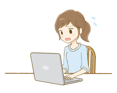 Woman looking at computer screen with troubled expression (plain clothes)のイラスト素材
