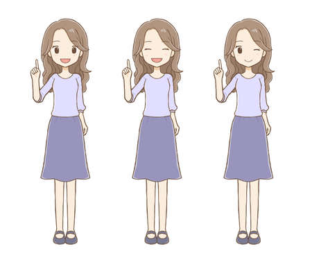 A long-haired woman explains by pointing her finger. The variation of the front office is a smile, a wink.のイラスト素材