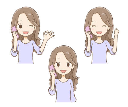 Long haired woman talking on mobile phone. There are three types: smile, OK sign, and guts pose. It is an illustration of the upper body.のイラスト素材