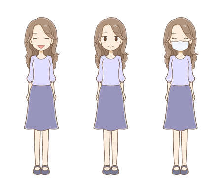 Long-haired plaincly dressed woman standing with a smile. There is a mask, and there is no.のイラスト素材