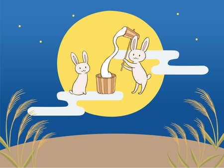 15th night moon and rabbit mochi pounding version with background