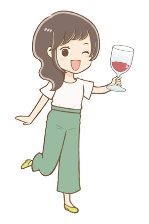 Woman in pants style holding glass of red wine (full body)のイラスト素材