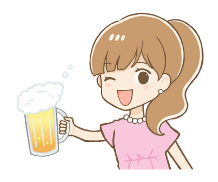 Woman in dress toasting with draft beer in a mug (upper body)のイラスト素材